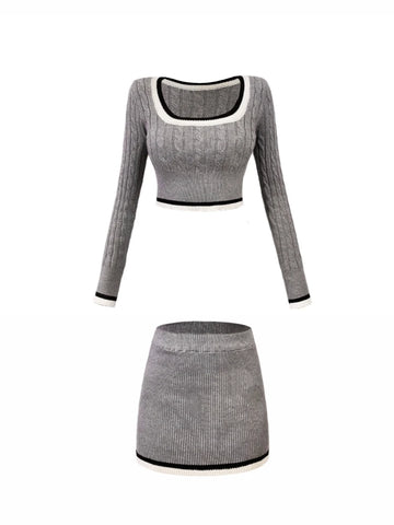 Getadme  Fashion Knitted Suit Woman Y2k Crop Tops Sweater + Casual Shirt + Slim Bodycon Mini Skirt Korean 3 Piece Set Skirt Autumn